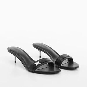 Mango Black Leather Sandals w/ Metallic Heel